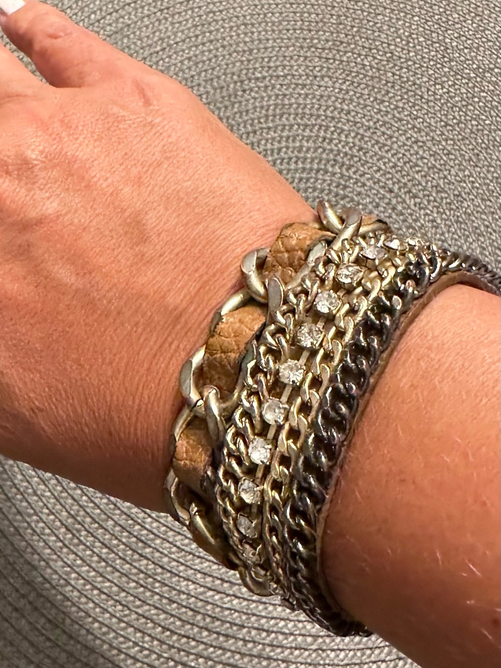 Layered Tan and Gold Chain Bracelet with Crystal Accents